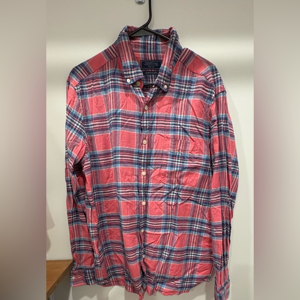 Vineyard Vines Shirt Mens Large Classic Fit Tucker Flannel Plaid Pink Blue